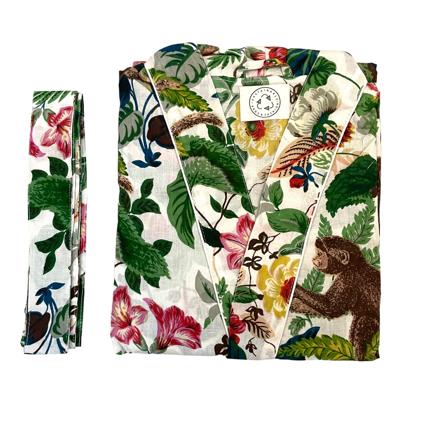 Cotton Kimono - Floral Monkey White