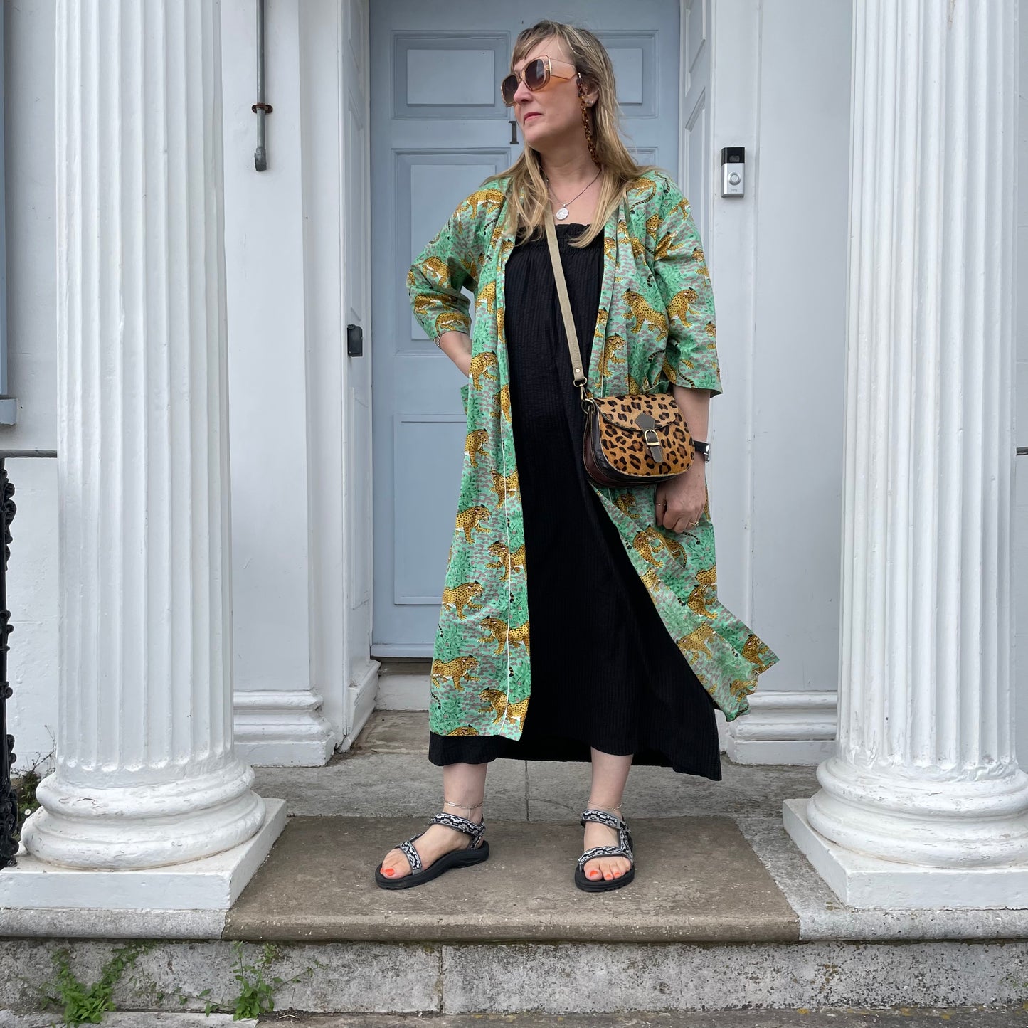 Cotton Kimono - Green Leopard