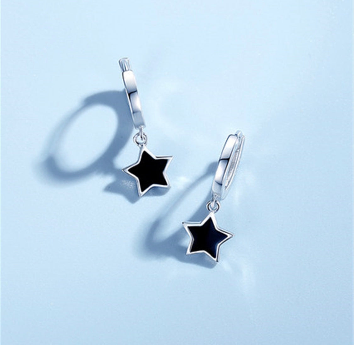 Earrings - Black Silver Star Hoops