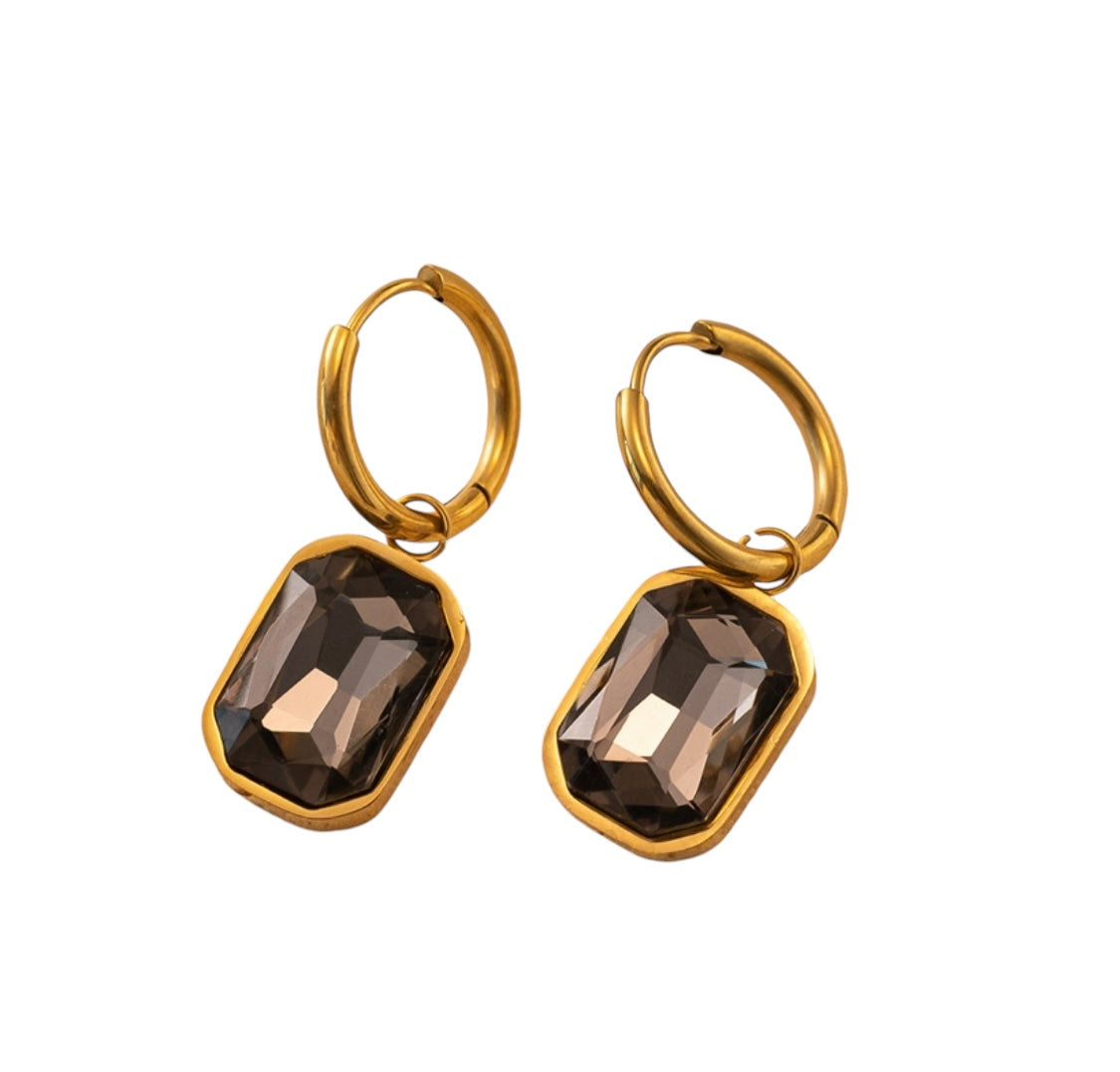 Earrings - Grey Glass Gold Hoops