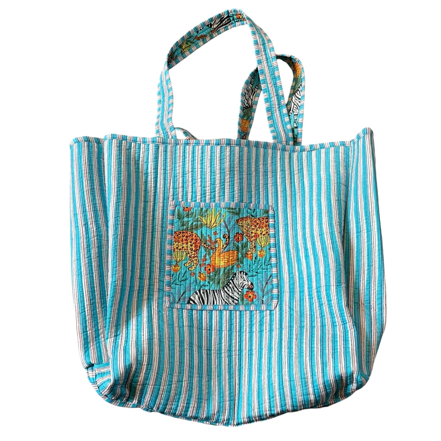 Reversible Large Stripe Tote  - Aqua  Jungle