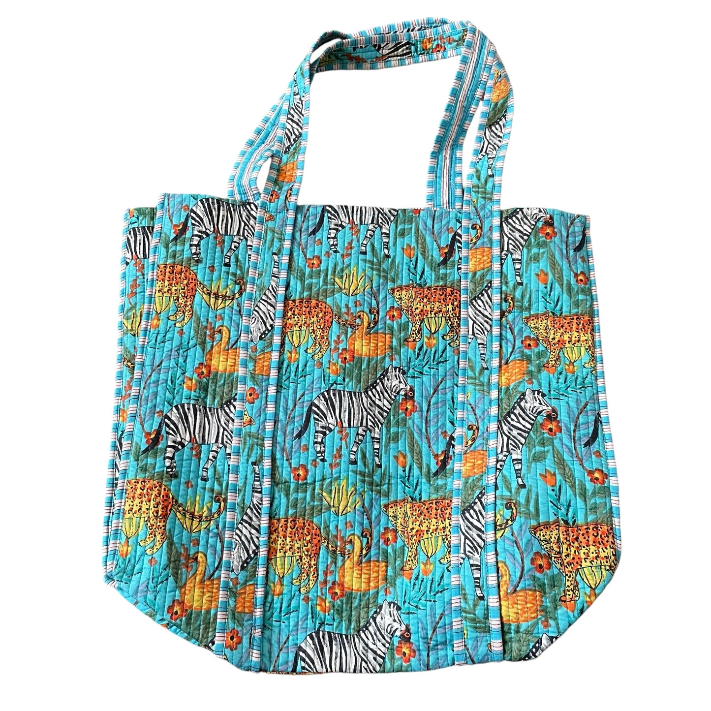 Reversible Large Stripe Tote  - Aqua  Jungle