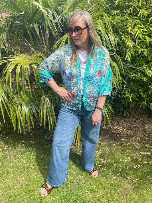 Short Kimono Recycled Silk - Watercolour Blue