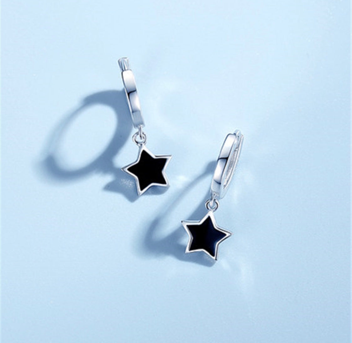 Earrings  -   Black Silver Star Hoops