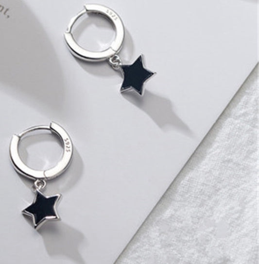 Earrings  -   Black Silver Star Hoops